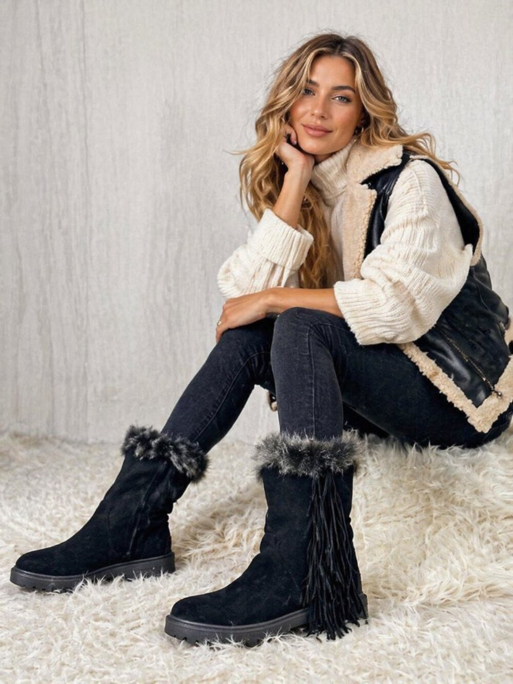 Sam Edelman Tilden Fringe Boots Black Suede Faux Fur Winter Women's 7.5 Boho